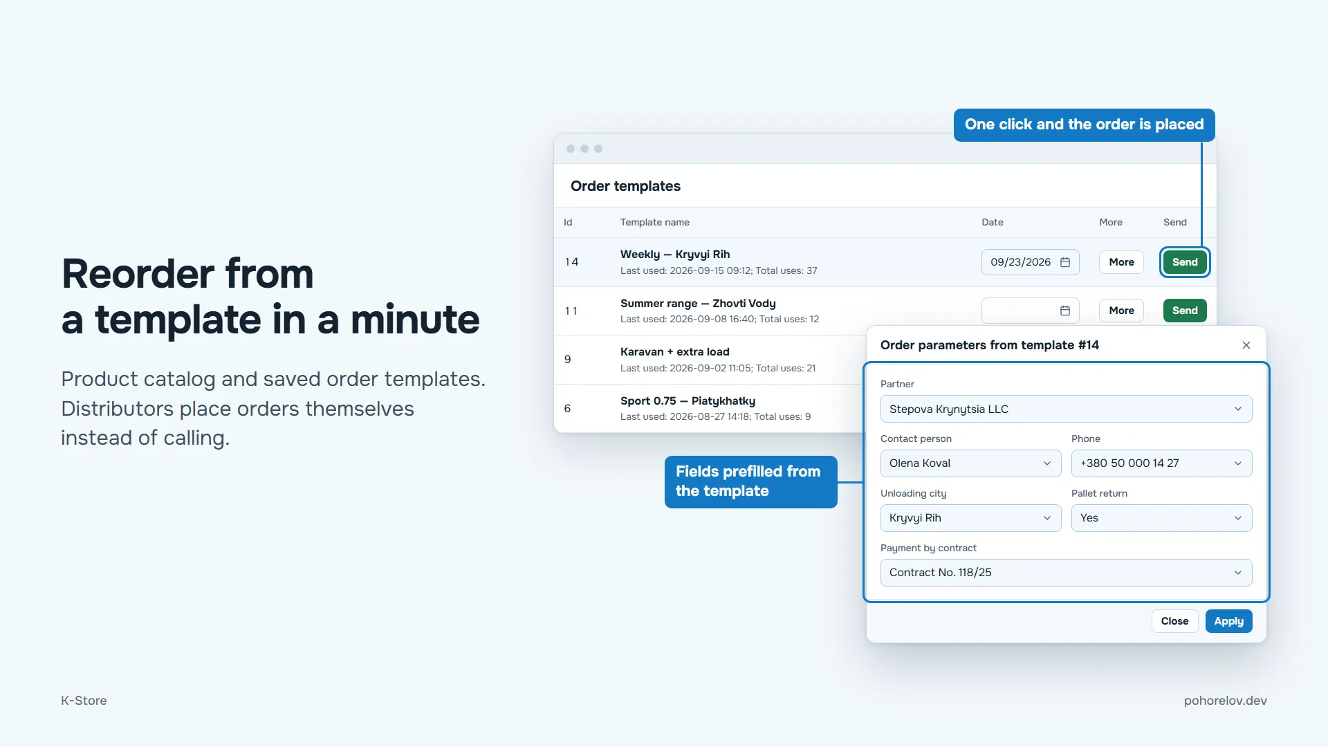 Reorder from a template in a minute: the list of saved order templates, where one click creates an order with its fields filled in from the template.