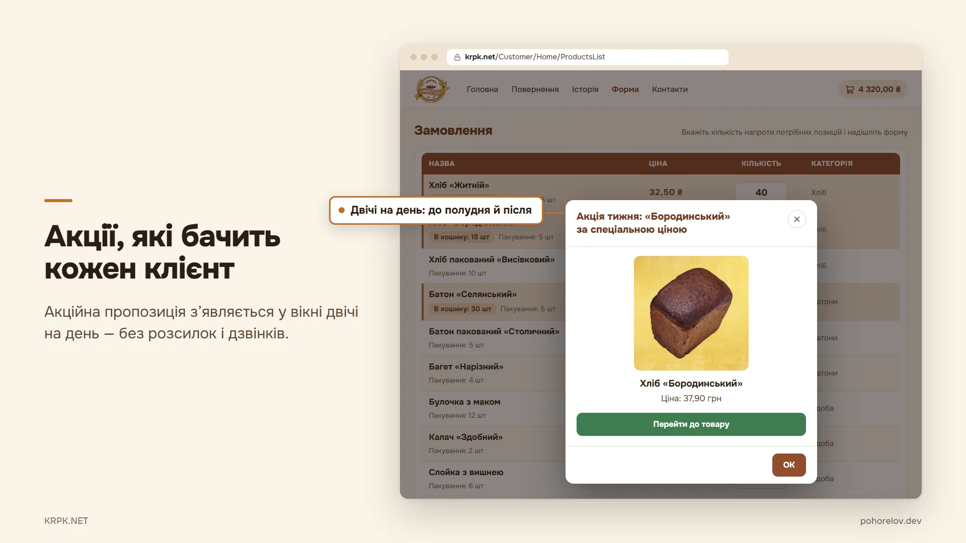 Акції, які бачить кожен клієнт: вікно «Акція тижня» поверх форми замовлення, що з’являється двічі на день, — без розсилок і дзвінків.