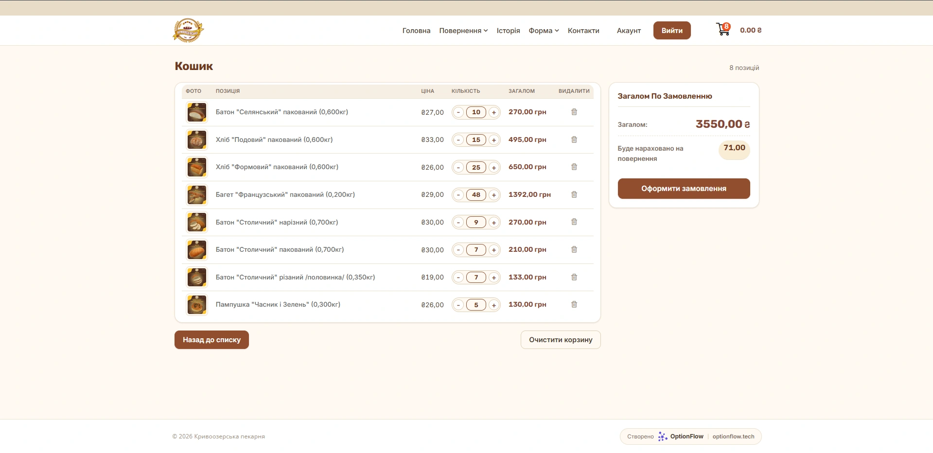 The basket with eight positions, each with a photo, price, quantity stepper and line total, next to an order summary showing 3 550 UAH and the amount that will be credited against returns.