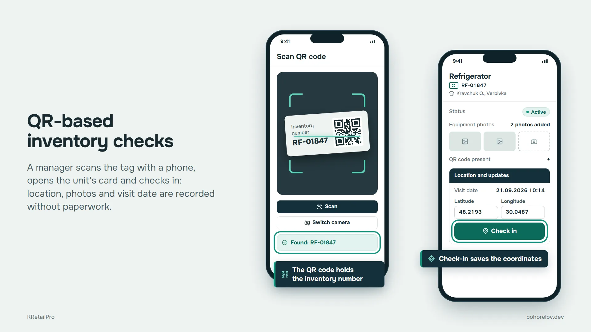 QR-based inventory checks: a manager scans the tag with a phone, opens the unit’s card and checks in, with location, photos and the visit date recorded without paperwork.