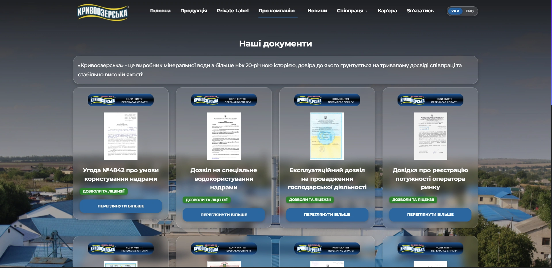 The documents page with cards for the subsoil use agreement, the special water use permit, the operating permit and the market operator capacity registration, each opening the scanned original.