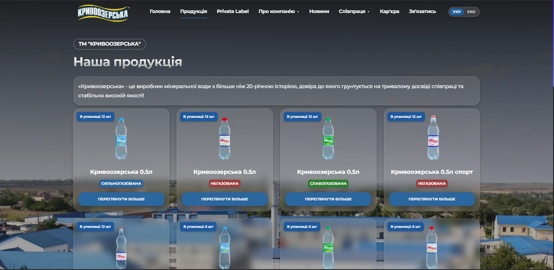 The product page with a grid of bottle cards, each showing the volume, the carbonation type as a coloured tag and the number of units per pack.