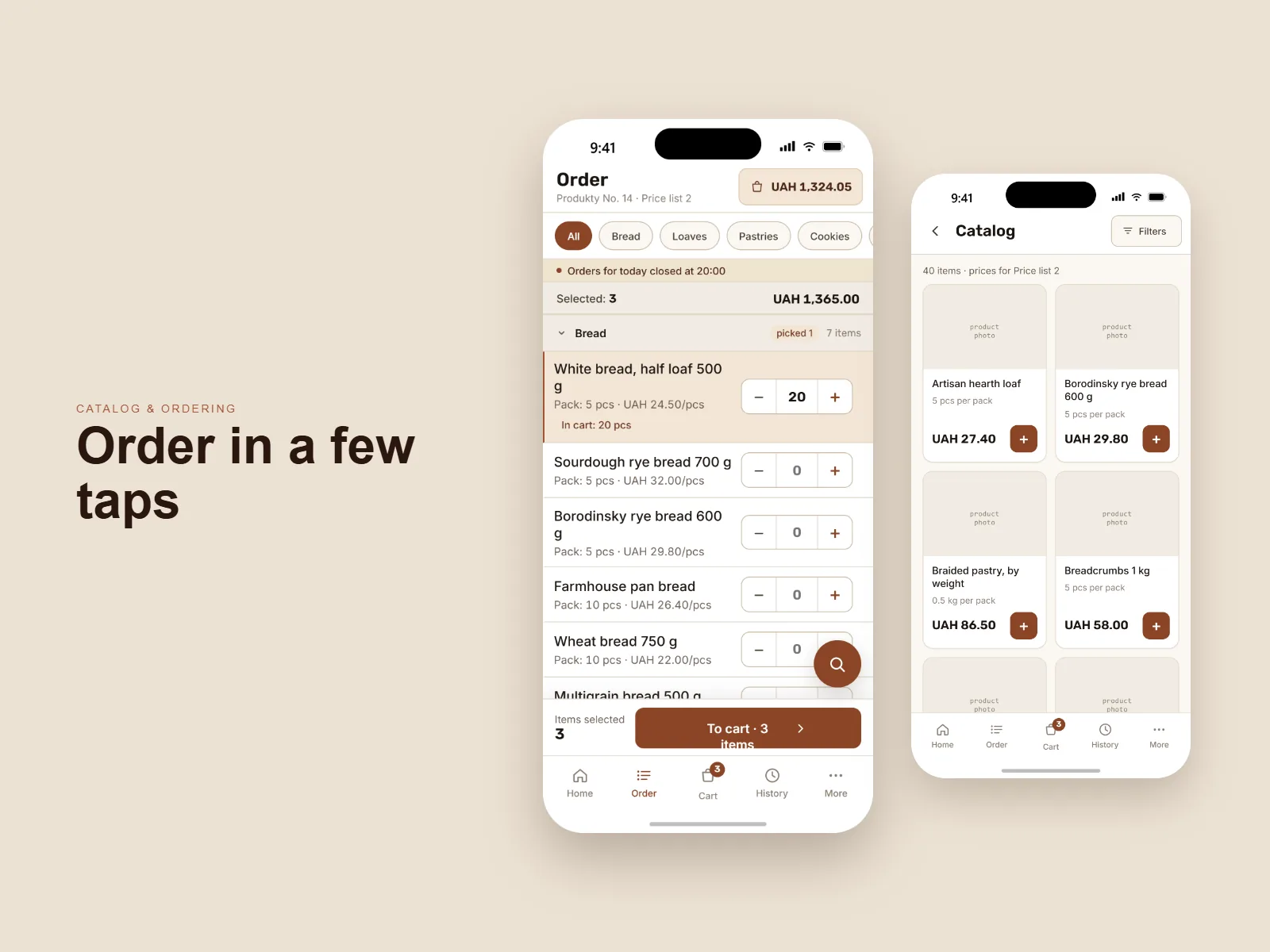 Order in a few taps: the order form grouped by category with a quantity stepper on every item and the running total, beside the product catalogue.