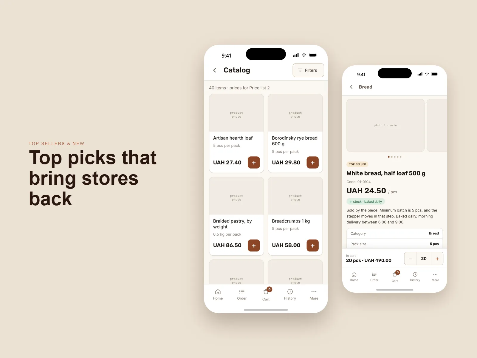 Top picks that bring stores back: the catalogue with prices for the outlet's price list, beside a top-seller product card with its code, price, stock status and quantity in the cart.