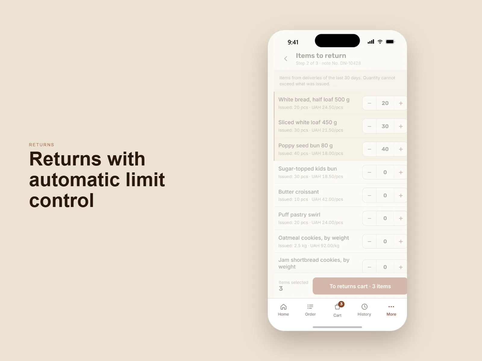 Returns with automatic limit control: items from deliveries in the last 30 days, each quantity capped at what was shipped, with a button through to the returns cart.