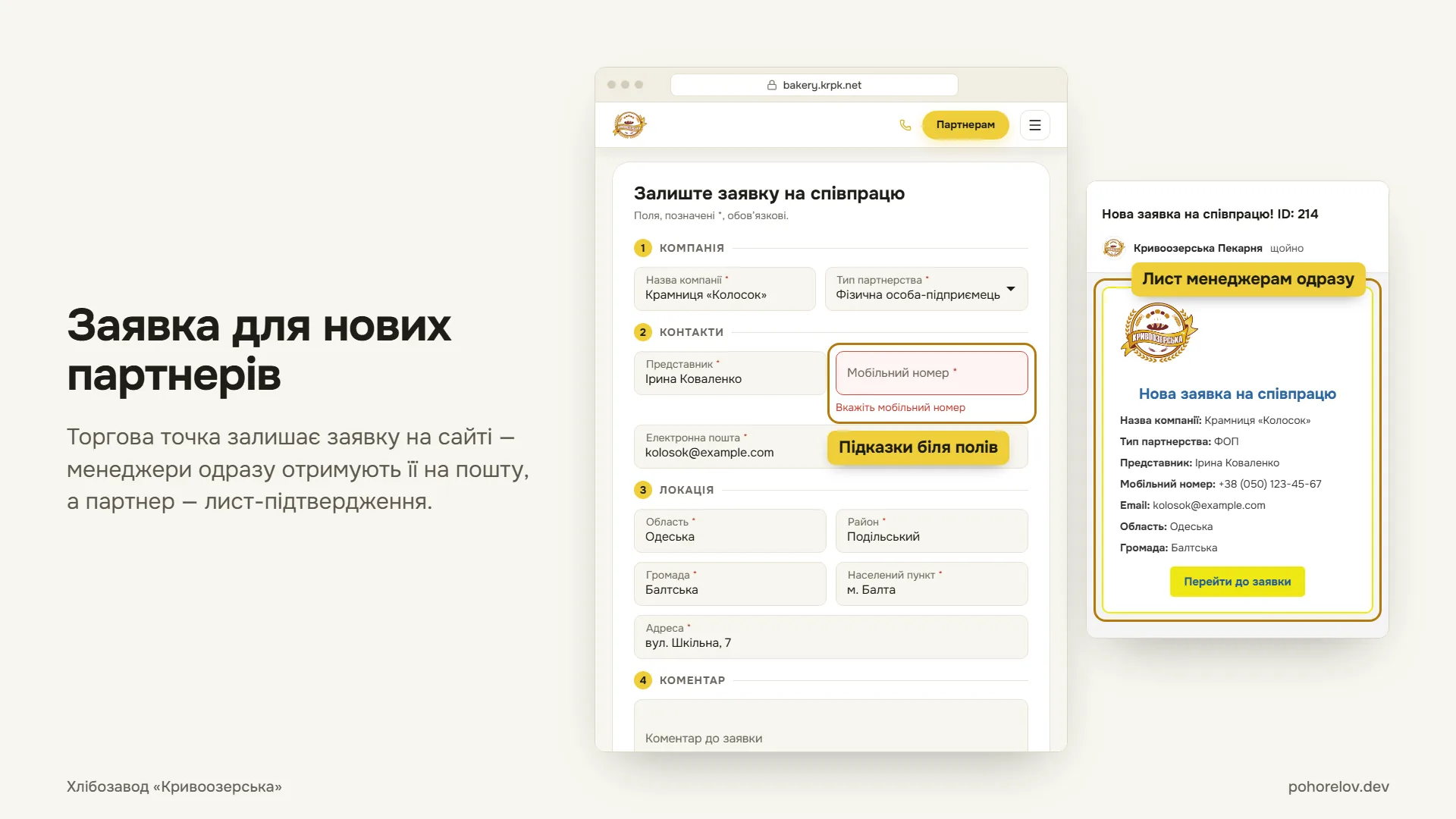 Заявка для нових партнерів: торгова точка залишає заявку на сайті, менеджери одразу отримують її на пошту, а партнер — лист-підтвердження.