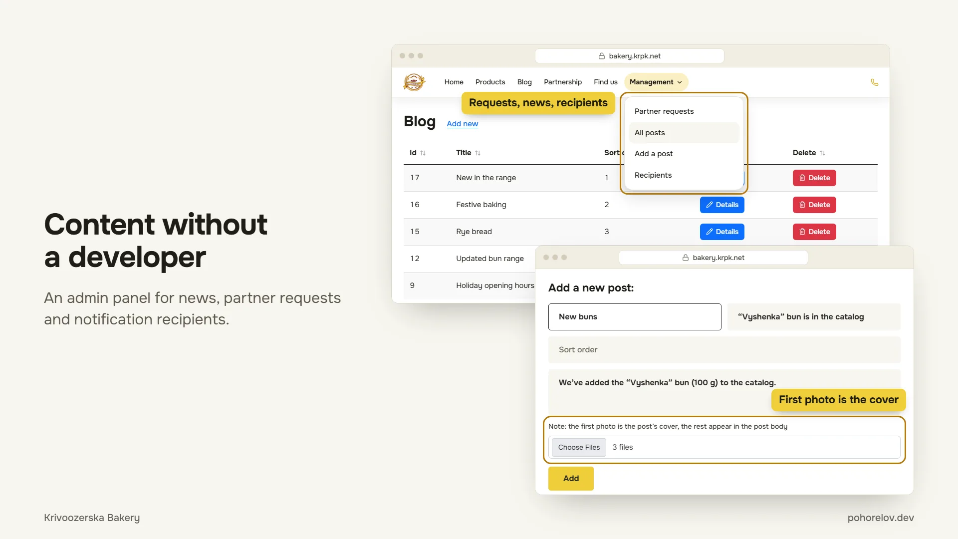 Content without a developer: the admin panel for news, partner requests and the list of notification recipients.
