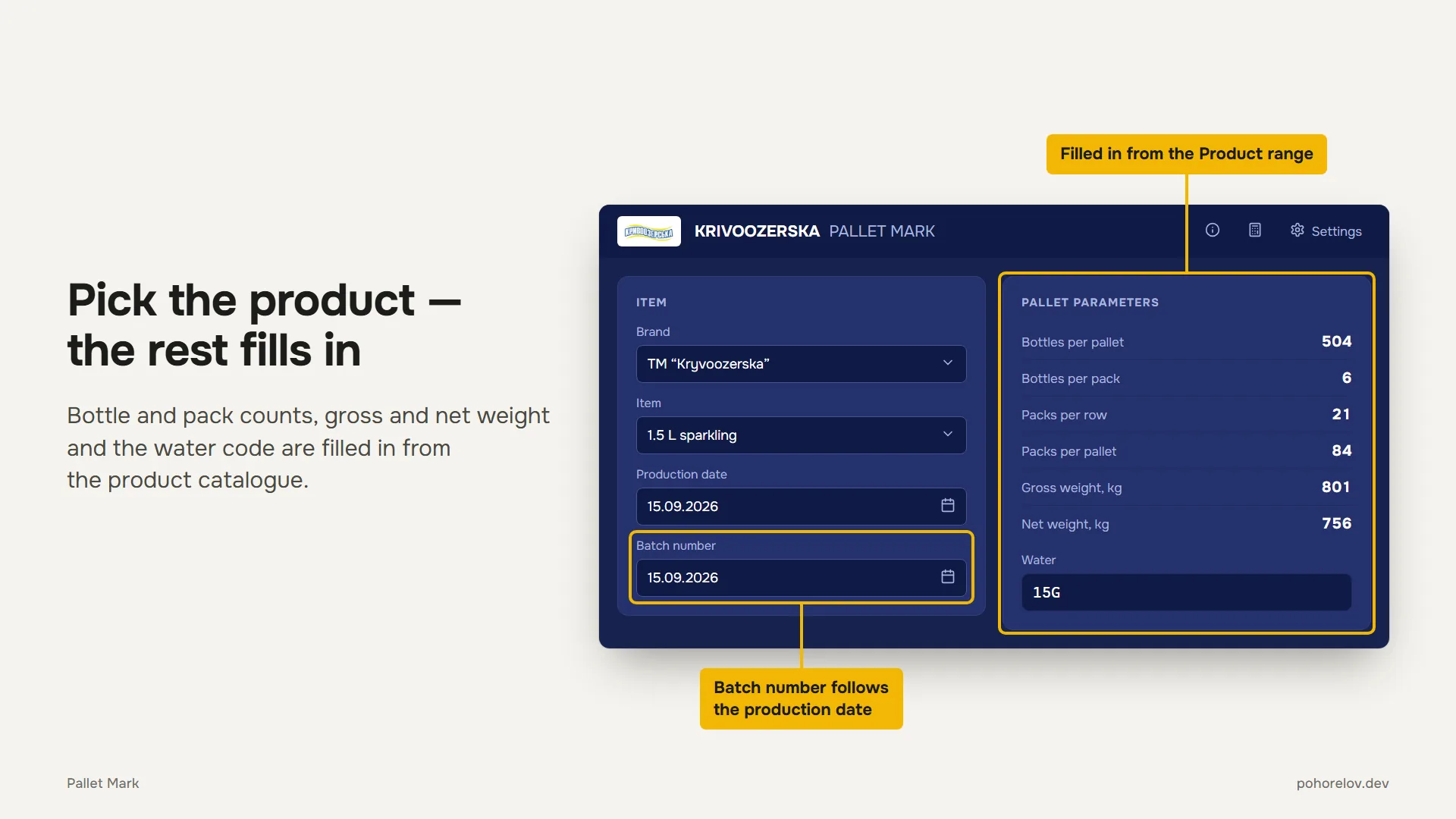 Pick the product — the rest fills in: the operator chooses the brand and item, while bottle and pack counts, gross and net weight and the water code come from the product catalogue, and the batch number follows the production date.