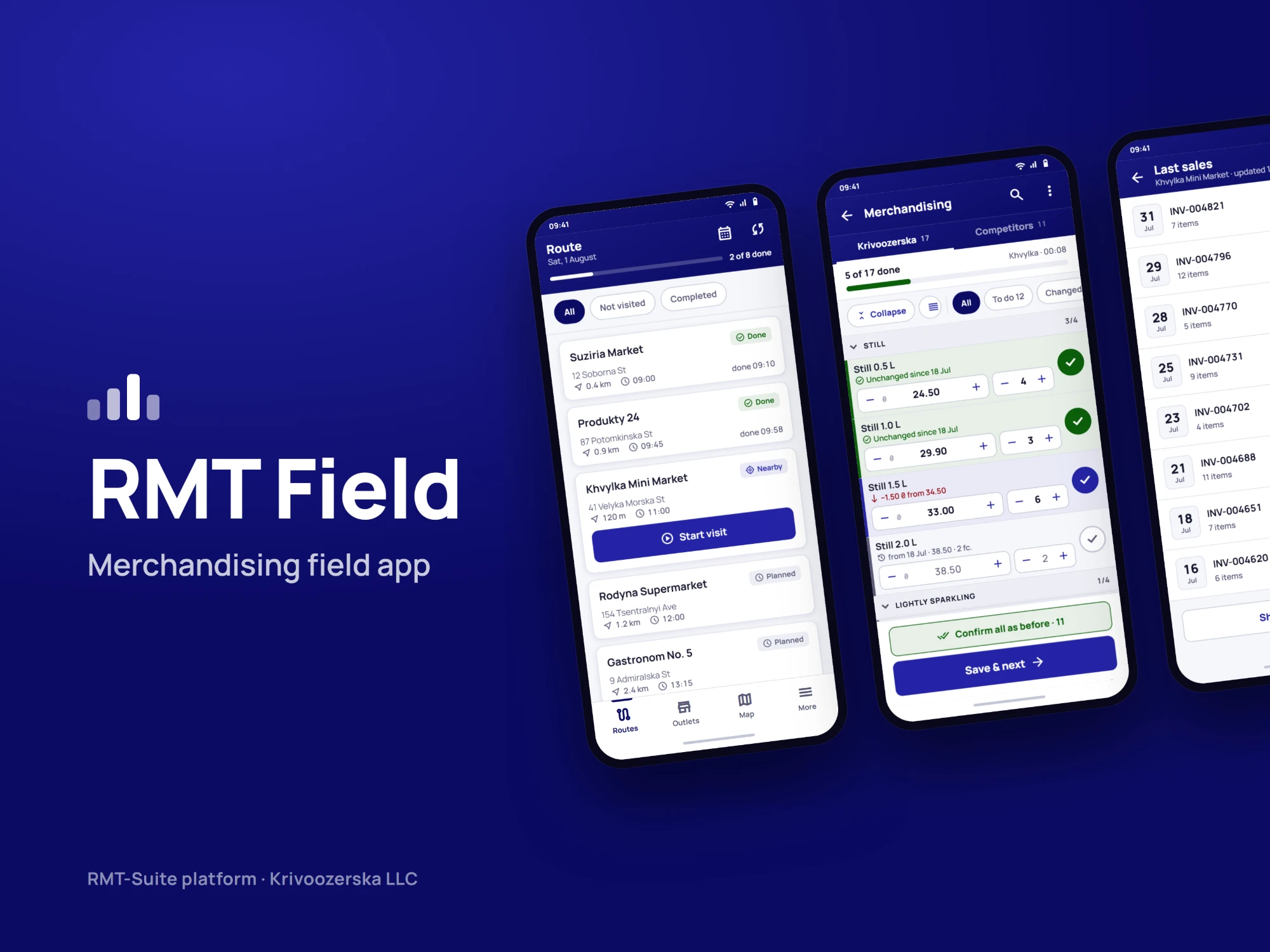 RMT Field, the merchandiser app of RMT Suite — the day's route, a merchandising visit and recent sales on three phone screens