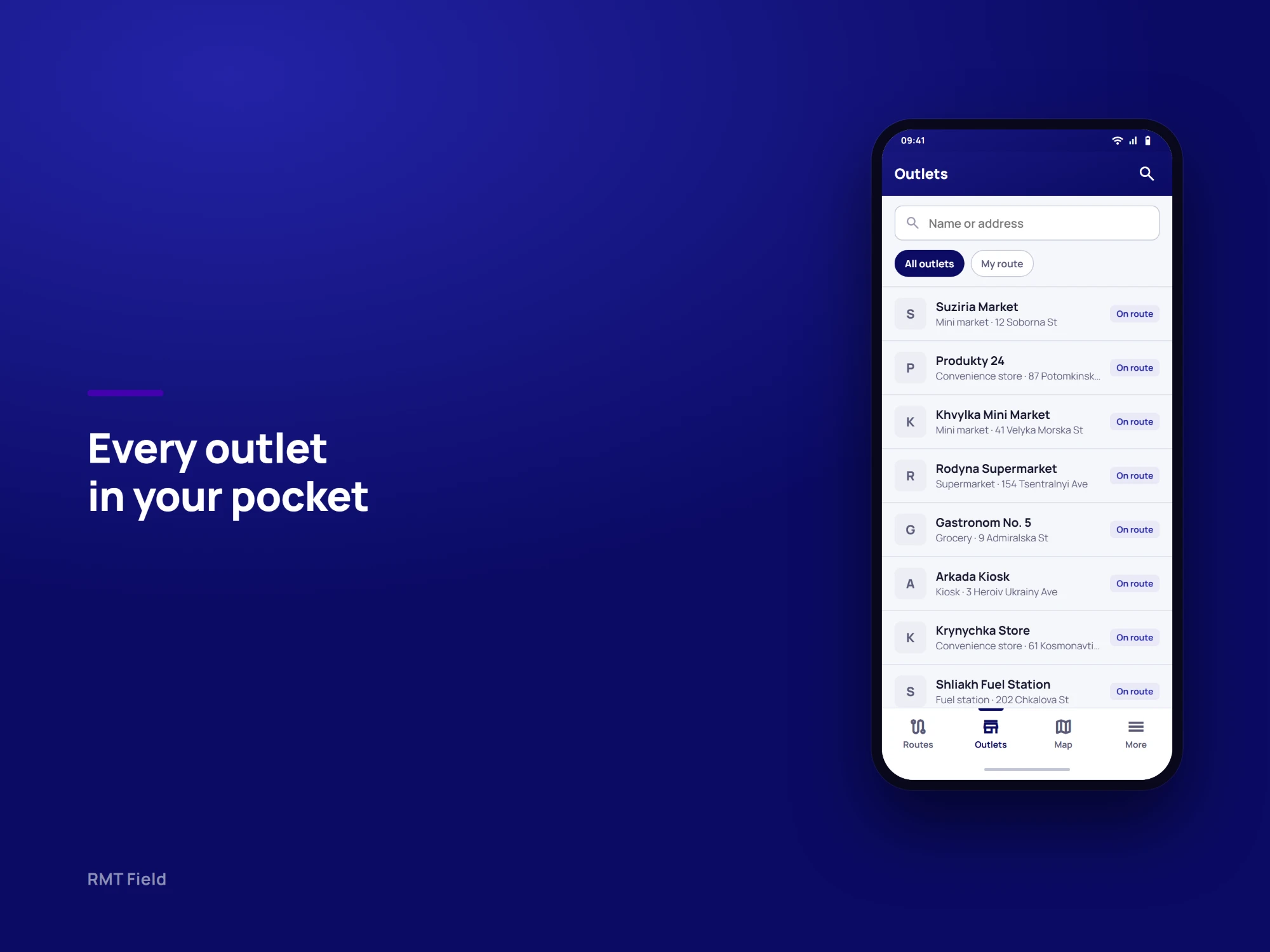 Every outlet in your pocket: a list of outlets searchable by name or address, with type, address and an On route tag, and a filter for the merchandiser's own route.