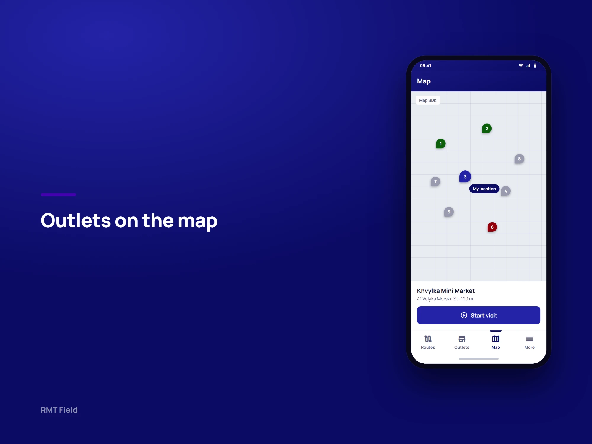 Outlets on the map: the route's numbered outlets, coloured by status, around the merchandiser's location, with the selected outlet and a Start visit button below.
