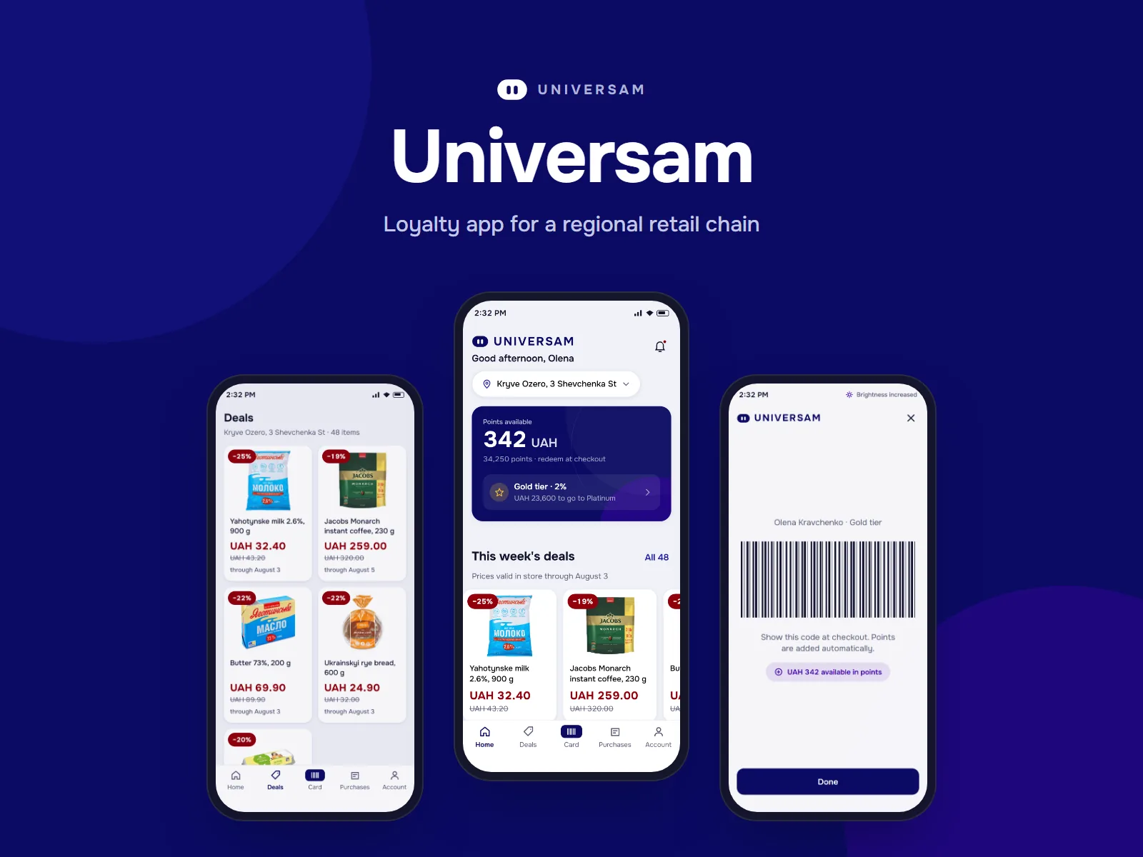 Universam — deals, points balance and a checkout barcode on three phone screens