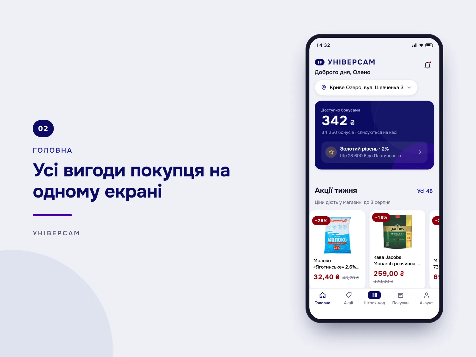 Усі вигоди покупця на одному екрані: головна з обраним магазином, балансом бонусів, поточним рівнем і акціями тижня.