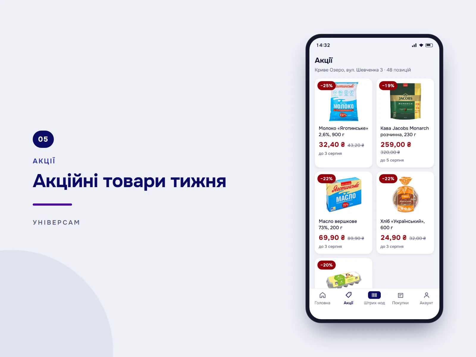 Акційні товари тижня: сітка акційних товарів із фото, позначками знижки, старою й новою ціною та датою, до якої діє акція.