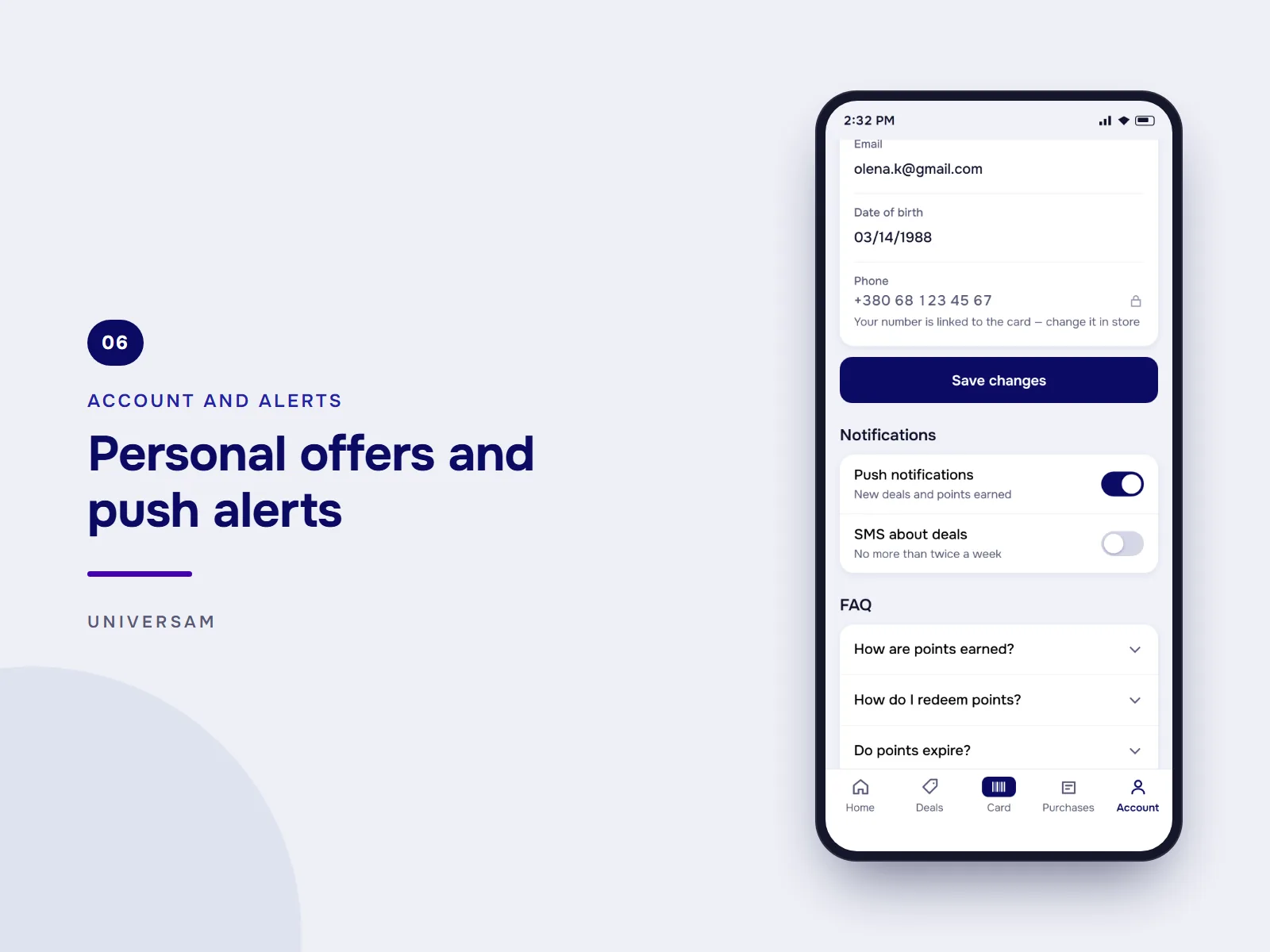Personal offers and push alerts: the account screen with contact details, push and SMS notification switches and answers to common questions about points.