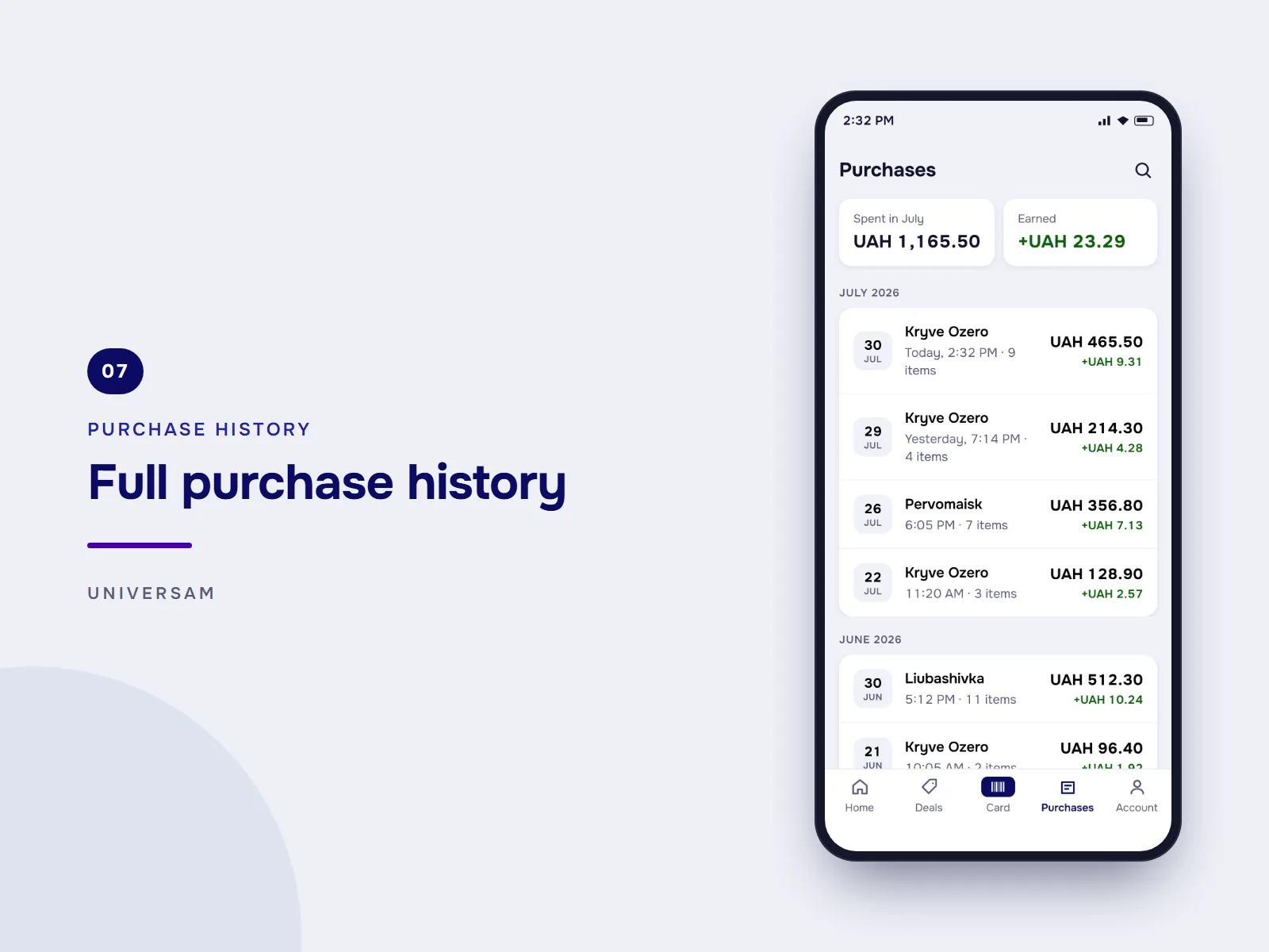 Full purchase history: purchases grouped by month with store, time, amount and points earned, plus the month's spending and points totals.