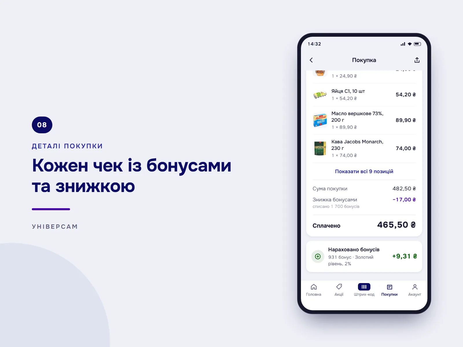 Кожен чек із бонусами та знижкою: відкрита покупка з товарами, сумою, знижкою бонусами, сплаченою сумою й нарахованими бонусами.